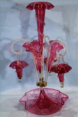 Victorian cranberry epergne with tall center flute (1 of 4)