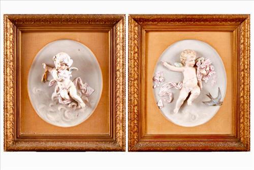 Pair 19th Century Porcelain Plaques of cherubs (1 of 5)
