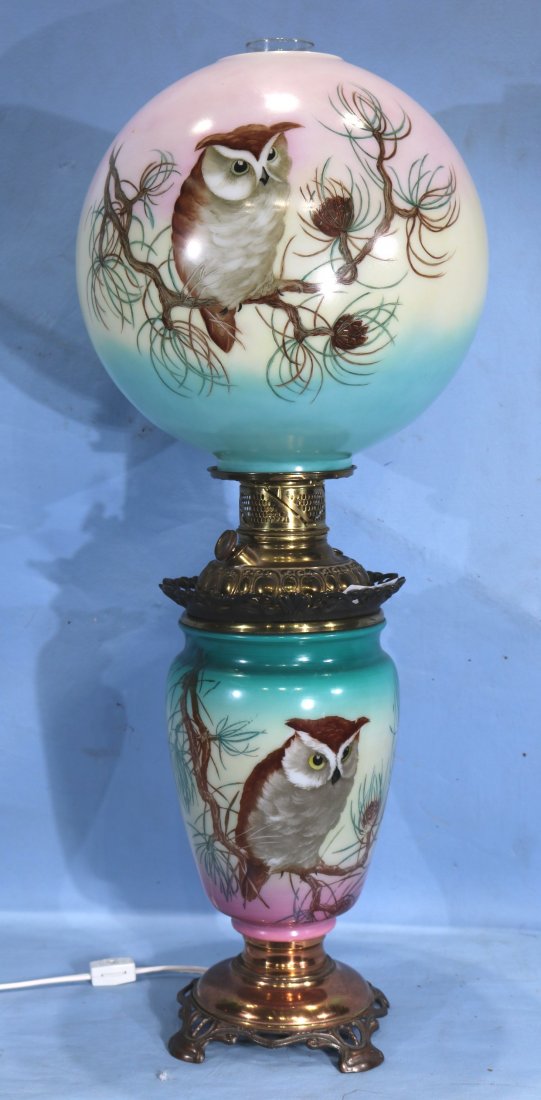 Monumental banquet oil lamp with owl shade and base (1 of 6)