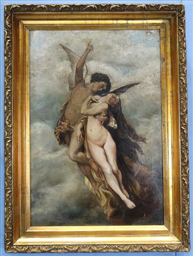 Oil on canvas of Eros raising Psyche, 31 x 23: Oil on canvas of Eros lifting Psyche to the heavens, signed Stanley Schultz, 31 in. x 23 in.