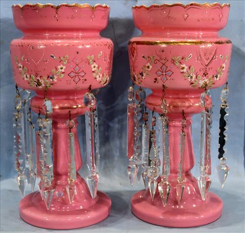 Pair of Victorian pink mantle lusters with prisms (1 of 4)