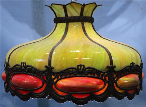 Leaded green and red slag glass hanging light (1 of 5)