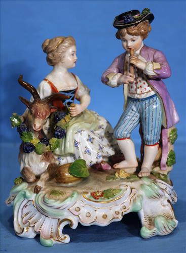Meissen porcelain figurine, man and woman: Meissen porcelain figurine of man and woman, signed Carl Thieme, 7 in. T, 6 in. W.