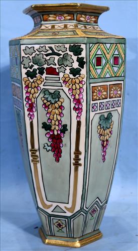 Hand painted Nippon green vase, 14 in. T.: Hand painted Nippon green vase, 14 in. T.