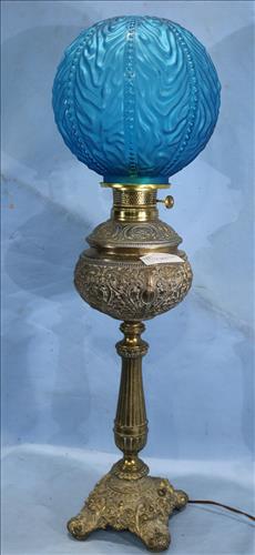 Brass banquet lamp with sea blue shade, 32 in. T. (1 of 4)
