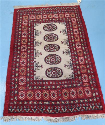Antique Persian rug, 61 in. x 37 in. Red, blue, white: Antique Persian rug, 61 in. x 37 in. Red, blue, white