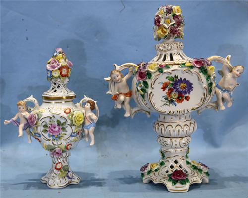 2 Dresden porcelain caped urns, applied flowers (1 of 4)