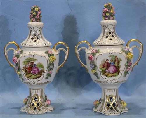 Pair of Dresden capped porcelain urns (1 of 3)