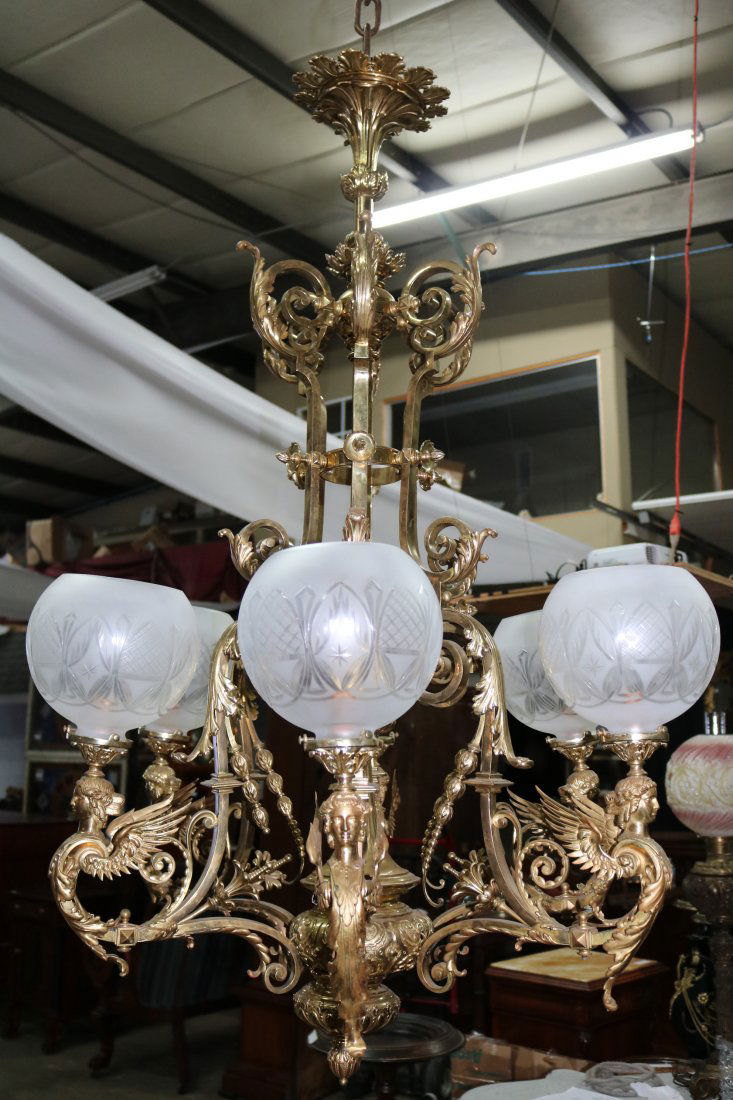 Ornate 19th Century bronze gasolier with winged angels (1 of 7)