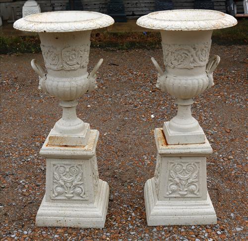 Matched pair of double handle urns on stand, white (1 of 4)
