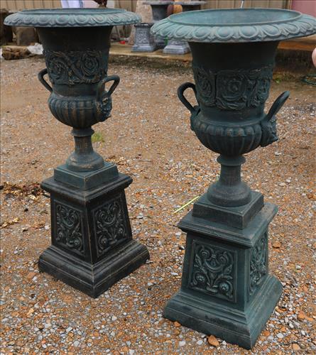 Matched pair of double handle cast iron urns, green (1 of 4)