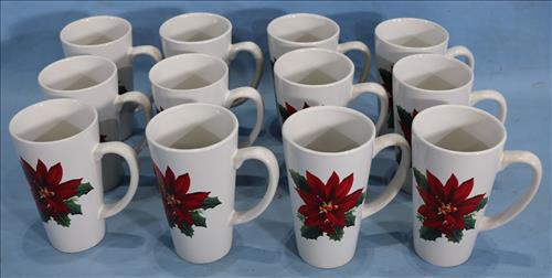 12 piece Christmas coffee mugs, 6 in. T.: 12 piece Christmas coffee mugs with poinsettia pattern, 6 in. T.
