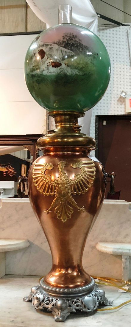 Large Miller Copper oil lamp with Phoenix bird (1 of 4)