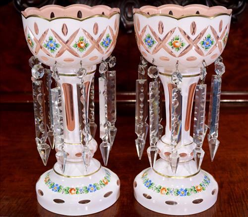 Pair of Victorian lusters, white and blue cut to salmon (1 of 4)