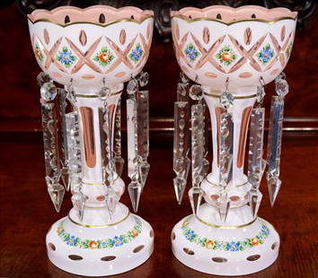 Pair of Victorian lusters, white and blue cut to salmon: Pair of hand painted Victorian lusters, white and blue cut to salmon with cut prisms, 13 in. T.