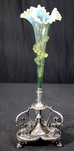 Single silver-plate epergne with vaseline glass: Single silver-plate epergne with vaseline glass insert, 18 in. T, 7 in. W.