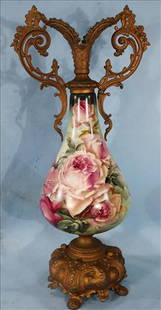 Victorian hand painted vase with metal base: Victorian hand painted vase with metal base, 27 in. T, 13 in. W.