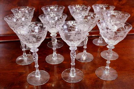 11 piece crystal etched wine glasses: 11 piece crystal etched wine glasses, 7.5 in. T, 4 in. Dia.