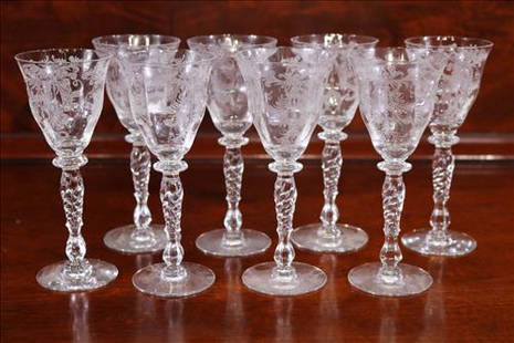 Set of 8 etched Fostoria wine Glasses: Set of 8 etched Fostoria wine Glasses, 6.5 in. T.