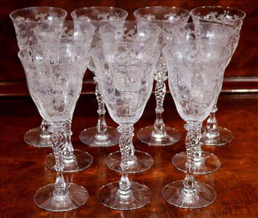 12 Fostoria long stem etched wine glasses: 12 Fostoria long stem etched wine glasses, 9 in. T, 3.5 in. Dia.