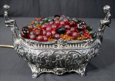 Victorian silver-plate center piece with light: Victorian silver-plate center piece with lighted fruit bowl lamp