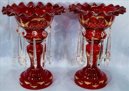 Ruby red mantle lusters with prisms, 15 in. T.: Tall ruby red mantle lusters with cut prisms and applied enamel flowers, 15 in. T, 10 in. Dia.