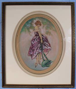 Framed pastel of young lady, La Bonnet Blue: Framed pastel of young lady, La Bonnet Blue, by Louis Icart