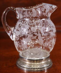 Small rose point pitcher with sterling base: Small rose point pitcher with sterling base, 6 in. T.