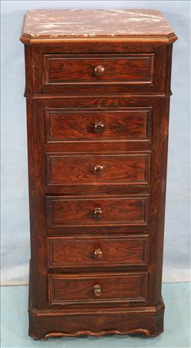 Rosewood 6 drawer lingerie chest: Rosewood 6 drawer lingerie chest with original wood pulls and brown marble top, 37 in. T, 16 in. W, 14 in. D.