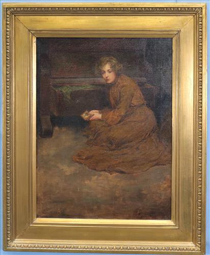 Oil on canvas of lady looking at portraits (1 of 5)