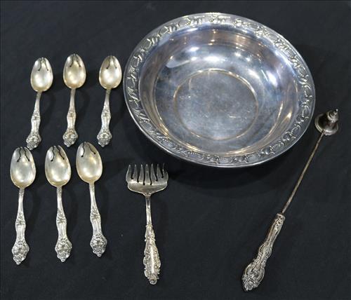 9 odd pieces and sterling silver bowl: 9 odd pieces and sterling silver bowl