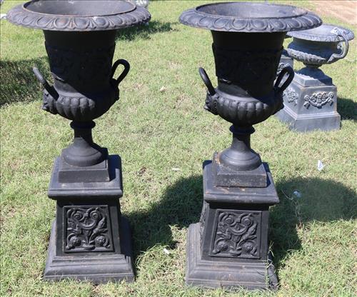 Pair 2 piece black cast iron garden urns, 27 in. T. (1 of 5)