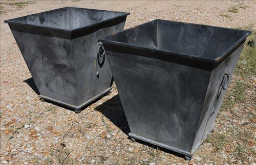 Pair of gray metal planters with ring handles, 23.5 T. (1 of 4)