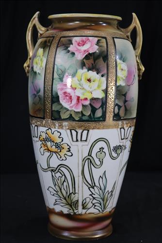 Hand painted Nippon vase, 13 in. T.: Hand painted Nippon vase, 13 in. T.