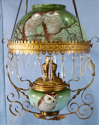 Victorian hanging light with owls on shade, 30 in T. (1 of 4)