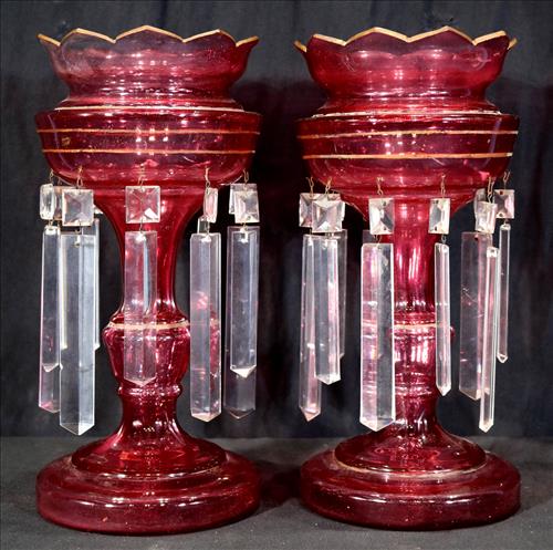 Cranberry Victorian mantle lusters with 2 sizes of: Cranberry Victorian mantle lusters with 2 sizes of prisms and gold trim