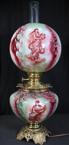 Victorian oil gone with the wind lamp with angels: Victorian gone with the wind lamp, fully restored with musical angels, 27 in. T, 11 in. W.