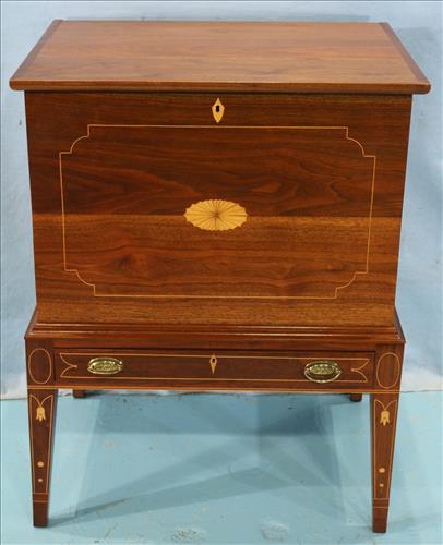 Contemporary walnut sugar chest with inlay: Contemporary walnut sugar chest with inlay, 37 in. T, 28 in. W, 20 in. D.