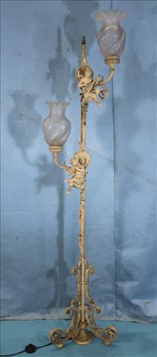 Pole lamp with small figures holding etched shade (1 of 5)