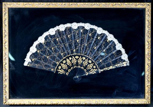 Framed Victorian fan with black and gold lace (1 of 2)