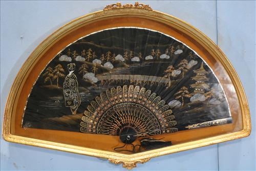 Hand painted Asian fan in gold gilded frame (1 of 2)