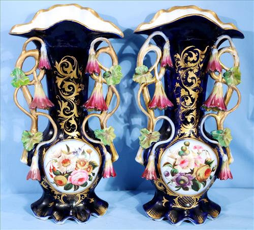 Pair of Old Paris vases, blue with applied flowers, 15 (1 of 3)