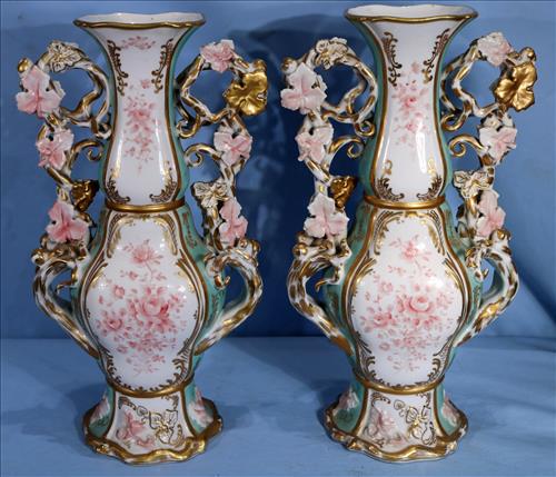 Pair of beautiful teal green Old Paris Vases, 17 in. T. (1 of 5)