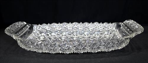 Brilliant cut glass tray with handles, 8 in. W, 14.5: Brilliant cut glass tray with handles, 8 in. W, 14.5 in. L, 2 in. D.