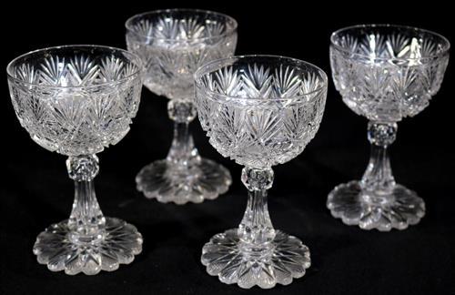 4 brilliant cut glass wine glasses believed to be Libby: 4 brilliant cut glass wine glasses believed to be Libby, used in the worlds fair exhibit in 1904