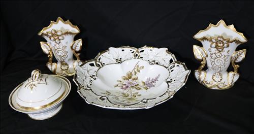 4 piece of Old Paris porcelain, 2 vases, bowl, butter (1 of 4)