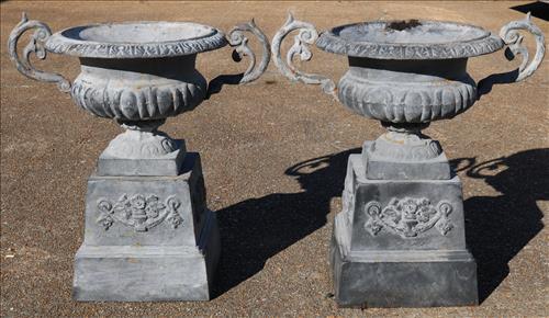 Pair of 2 piece gray cast iron garden urns, 28 in. T. (1 of 5)