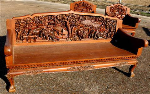 Uniquely carved back and front teakwood bench