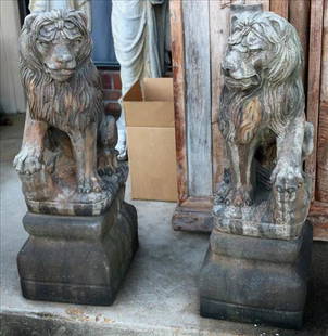 Pair of concrete lions, 2 pcs., 35 in. T, 12 in. W, 16: Pair of concrete lions, 2 pcs., 35 in. T, 12 in. W, 16 in. D.
