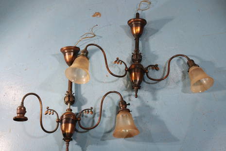 Pair of hanging brass 2 light fixtures from 1930, 25 x: Pair of hanging brass 2 light fixtures from 1930, 25 in. T, 30 in. W.